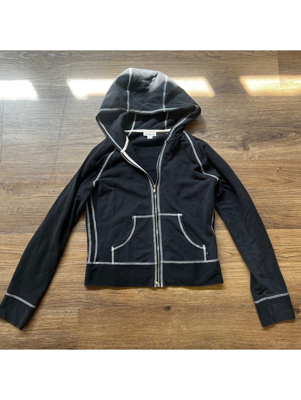 Y2K Express Precision Fit Black White Exposure Stitch Full Zip Hoodie Size Large